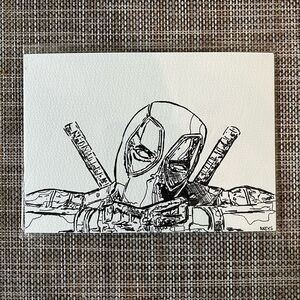 Deadpool original pen on paper Black and White Comic Art 5x7in
